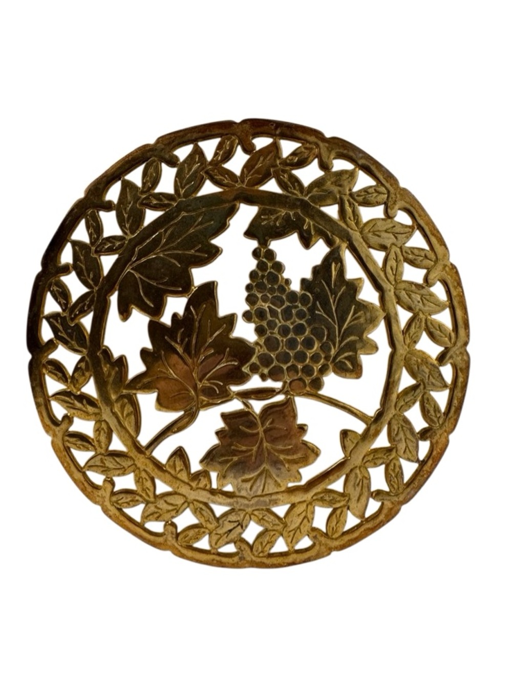 Ornate Grape & Leaf Cast Metal Trivet - Gold Finish - 22" Round